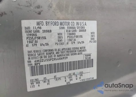 1999 Mercury Mountaineer из США, поврежденный, VIN 4M2ZU55P2XUJ06929